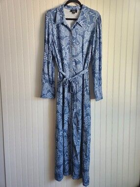 MSK Blue Floral Print Lightweight Long Sleeve Button Front Maxi Dress XL